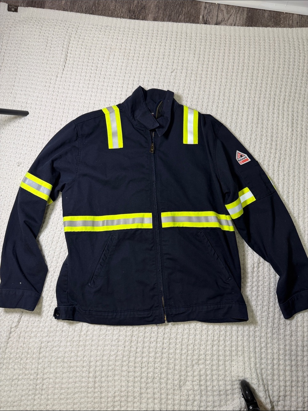 Bulwark FR Men’s High-Visibility Navy Work Jacket with Reflective Stripes